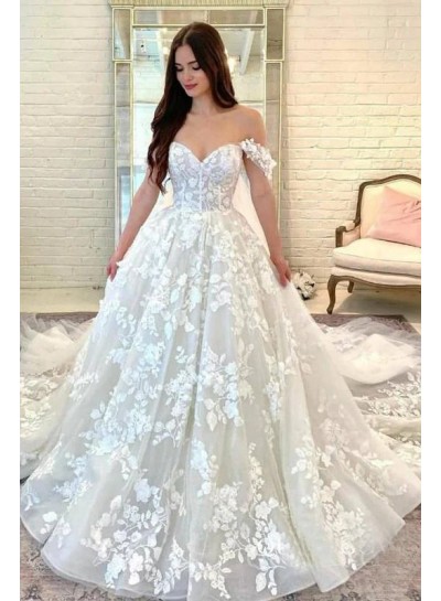 Tulle Appliques Ball Gown Off the Shoulder Ivory Sleeveless Sweep/Brush Wedding Dresses