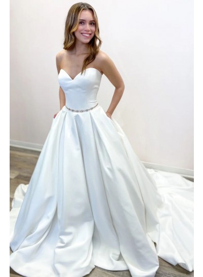 Ball Gown Sweetheart Satin White Beading Sleeveless Sweep/Brush Train Wedding Dresses