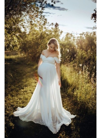 A-line Off the Shoulder Chiffon Ivory Pregnant Sleeveless Brush Train Wedding Dresses