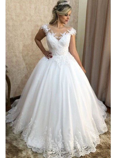 Ball Gown Lace Sheer Neck Sleeveless Ivory Sweep/Brush Train Wedding Dresses
