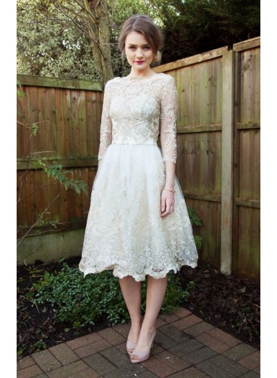 A-line/Princess Bateau Neck Long Sleeves Lace Ivory Tea-Length Wedding Dresses