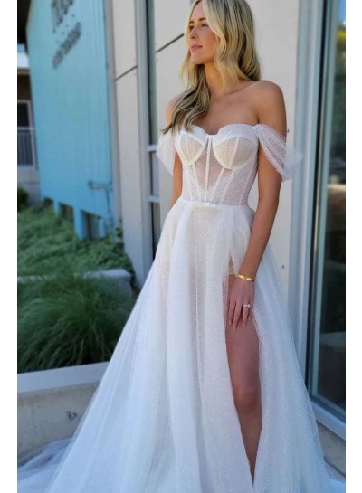 A-line/Princess Ivory Off the Shoulder Tulle Sleeveless Brush Train Wedding Dresses