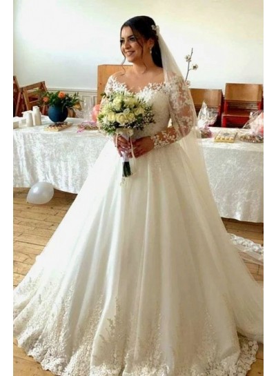 Lace Long Sleeves Ball Gown Ivory Sweep/Brush Train Sheer Neck Wedding Dresses