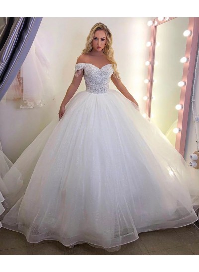 Ball Gown White Off the Shoulder Beading Sleeveless Tulle Brush Train Wedding Dresses