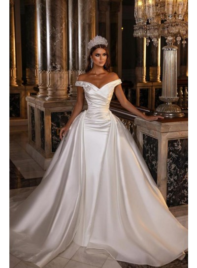 Ball Gown Off the Shoulder Satin Appliques White Sleeveless Sweep/Brush Wedding Dresses
