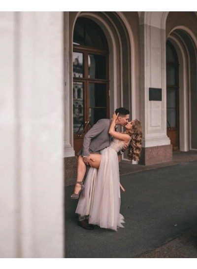 Appliques V-neck A-Line Tulle Dusty Rose Sleeveless Floor-Length Wedding Dresses