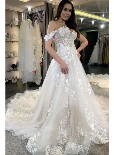 Off the Shoulder Appliques Tulle A-Line Ivory Sleeveless Brush Train Wedding Dresses
