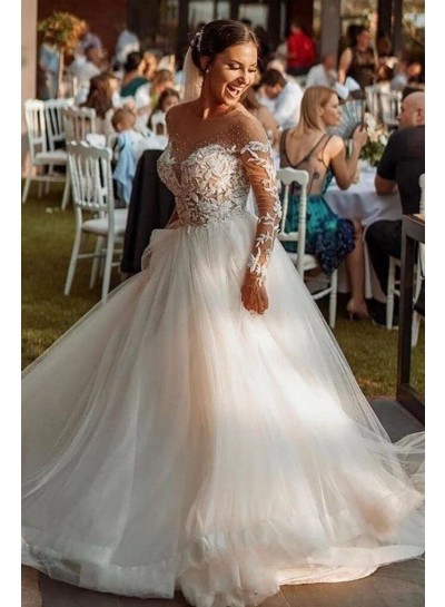 Ball Gown Long Sleeves Tulle Appliques Sheer Neck Ivory Brush Train Wedding Dresses