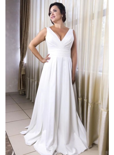A-line/Princess V-neck Satin White Sleeveless Sweep/Brush Train Wedding Dresses