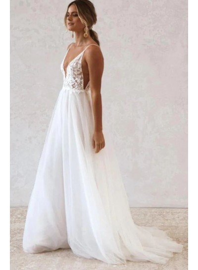 V-neck White A-line/Princess Tulle Brush Train Sleeveless Appliques Wedding Dresses