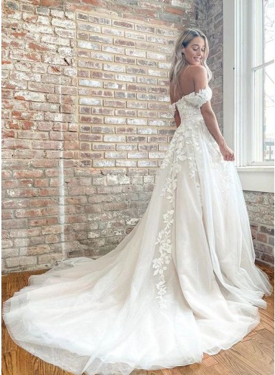 Off the Shoulder Tulle Appliques A-Line Sleeveless Ivory Sweep/Brush Train Wedding Dresses