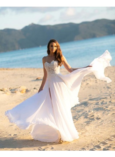 Appliques Sweetheart A-Line Chiffon Sweep/Brush Train White Sleeveless Wedding Dresses