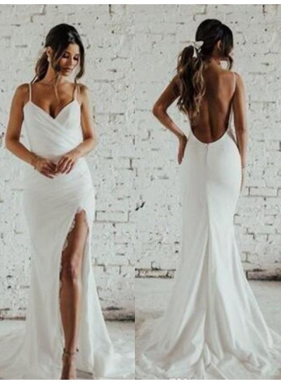 Sheath/Column V-neck Satin White Sleeveless Sweep/Brush Train Wedding Dresses