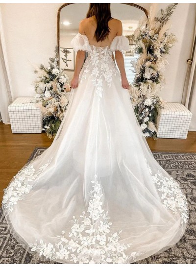 Off the Shoulder Appliques A-Line Sleeveless Brush Train Tulle Ivory Wedding Dresses