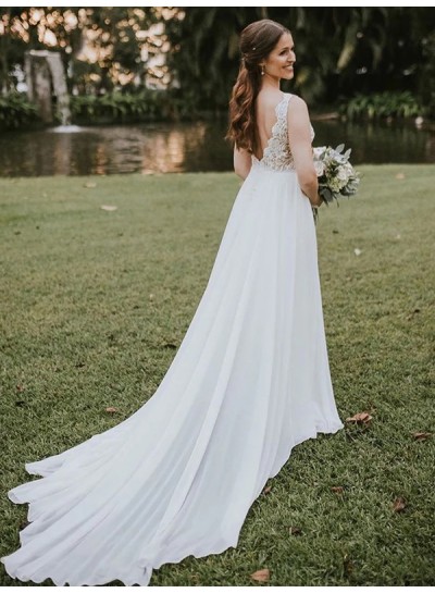 A-line Chiffon V-neck Lace White Sweep/Brush Train Sleeveless Wedding Dresses