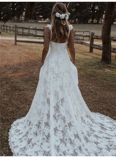 White A-line/Princess Lace Sleeveless Sweep/Brush Train Sweetheart Wedding Dresses