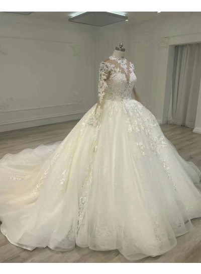 Ball Gown Appliques Tulle Ivory Long Sleeves Brush Train High Neck Wedding Dresses