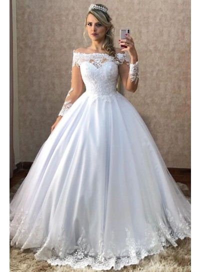 Off the Shoulder Long Sleeves Ball Gown Lace White Sweep/Brush Train Wedding Dresses