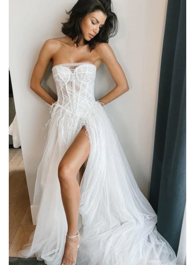 A-line/Princess Strapless Tulle Ivory Sweep/Brush Train Sleeveless Wedding Dresses