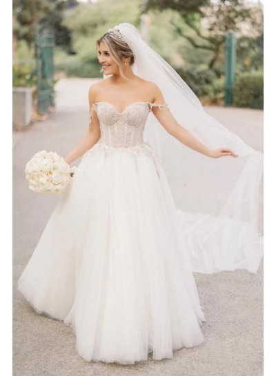 A-line/Princess Off the Shoulder Ivory Sleeveless Tulle Beading Floor-Length Wedding Dresses