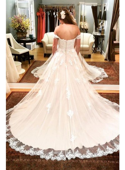 Lace Off the Shoulder A-line/Princess Ivory Sleeveless Brush Train Wedding Dresses