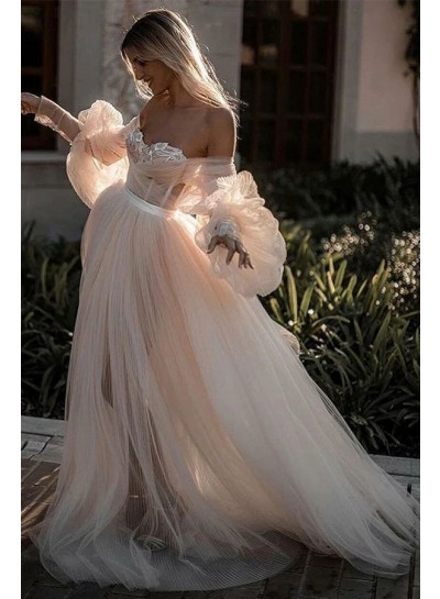 Tulle A-line Off the Shoulder Long Sleeves Pink Brush Train Appliques Wedding Dresses