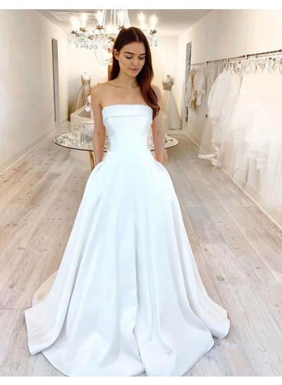 White Satin A-line/Princess Sleeveless Strapless Sweep/Brush Train Wedding Dresses