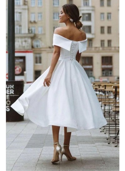 White Off the Shoulder Satin A-line/Princess Sleeveless Tea-Length Wedding Dresses
