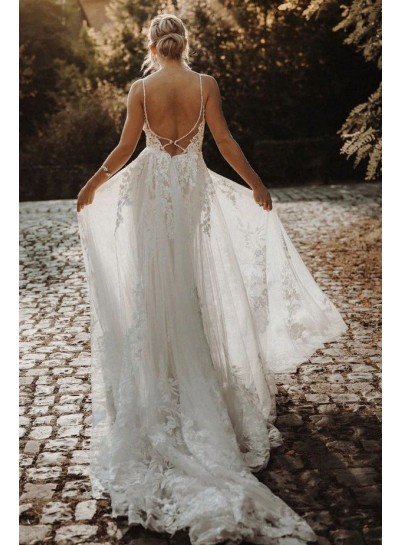 V-neck Sweep/Brush Train Sleeveless Lace Ivory A-Line/Princess Wedding Dresses