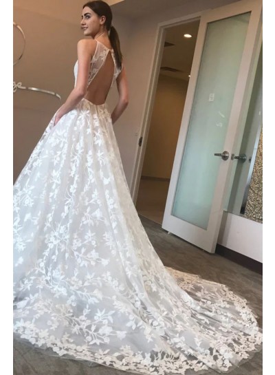 Lace White A-Line/Princess Sleeveless V-neck Sweep/Brush Train Wedding Dresses