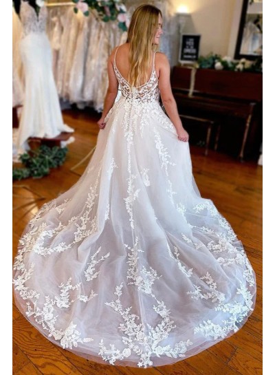V-neck Lace A-Line/Princess Ivory Sleeveless Sweep/Brush Train Wedding Dresses