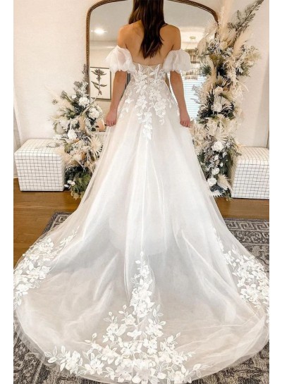 A-Line Appliques White Tulle Off the Shoulder Sleeveless Sweep/Brush Train Wedding Dresses