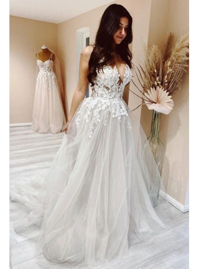 A-Line Tulle Appliques Sheer Neck Sleeveless Ivory Sweep/Brush Train Wedding Dresses