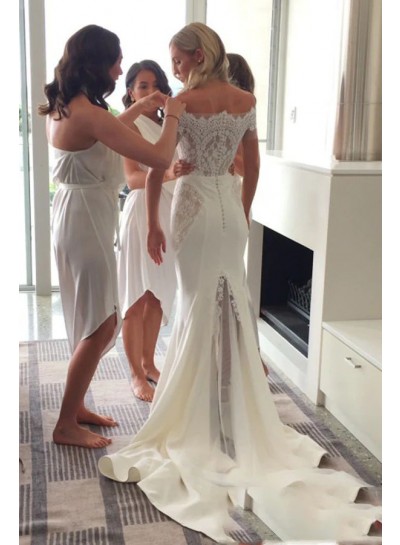 Column Satin Off the Shoulder Appliques Ivory Short Sleeves Brush Train Wedding Dresses