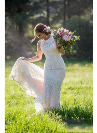 Lace Sweep/Brush Train Crew Neck Sleeveless Ivory Sheath/Column Wedding Dresses