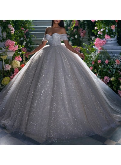 Ball Gown Off the Shoulder Tulle Sleeveless Silver Sweep/Brush Train Wedding Dresses
