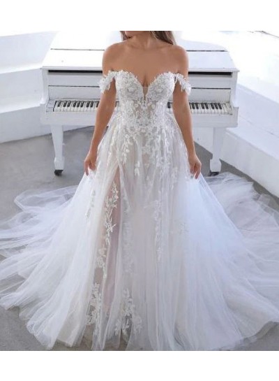 Off the Shoulder Appliques A-Line Tulle Ivory Sweep/Brush Train Sleeveless Wedding Dresses