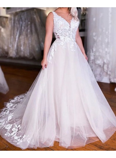 A-Line/Princess V-neck Sleeveless Appliques Tulle Sweep/Brush Train Ivory Wedding Dresses