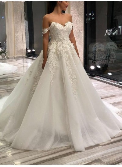 Appliques Tulle Off the Shoulder Ball Gown Sweep/Brush Train Sleeveless Ivory Wedding Dresses