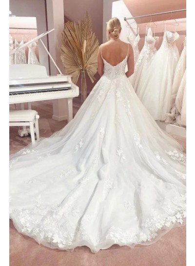 Ball Gown Ivory Spaghetti Straps Tulle Appliques Sleeveless Brush Train Wedding Dresses