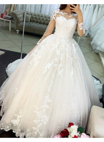 Ball Gown Lace Long Sleeves Ivory Sheer Neck Sweep/Brush Train Wedding Dresses
