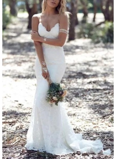 Sheath/Column Ivory V-neck Sleeveless Lace Backless Sweep/Brush Train Wedding Dresses