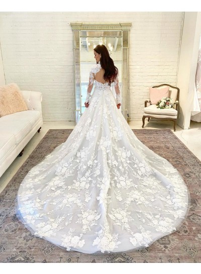 Ball Gown Long Sleeves High Neck White Lace Sweep/Brush Train Wedding Dresses