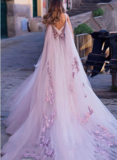A-Line/Princess V-neck Sleeveless Tulle Appliques Dusty Rose Brush Train Wedding Dresses