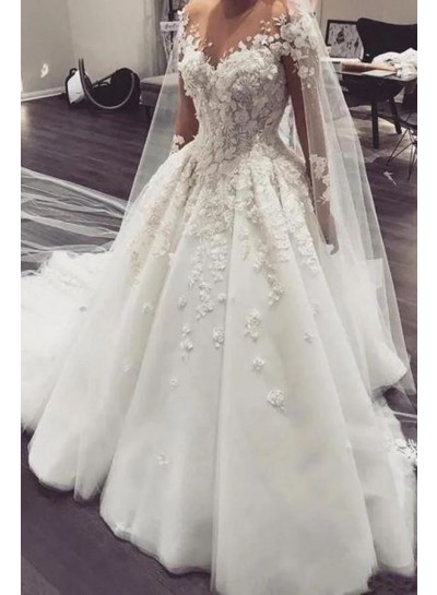 Ivory Ball Gown Long Sleeves Sheer Neck Sweep/Brush Train Appliques Tulle Wedding Dresses