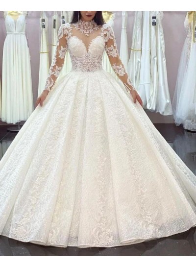 High Neck Long Sleeves Ball Gown Ivory Sweep/Brush Train Lace Wedding Dresses