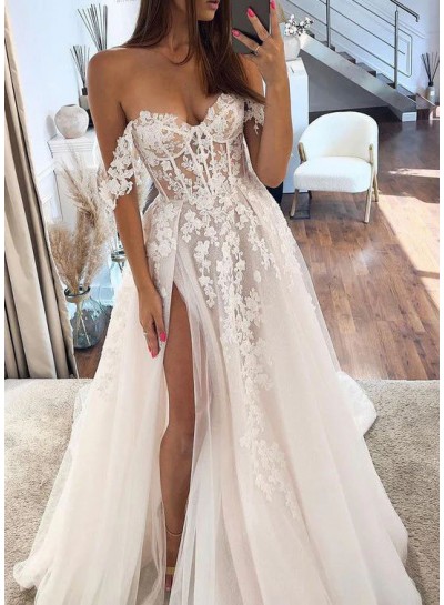 Appliques Tulle A-Line/Princess Off the Shoulder Brush Train Sleeveless Ivory Wedding Dresses