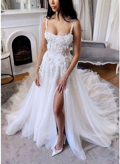 Ivory Strap Tulle Appliques A-Line/Princess Sleeveless Sweep/Brush Train Wedding Dresses