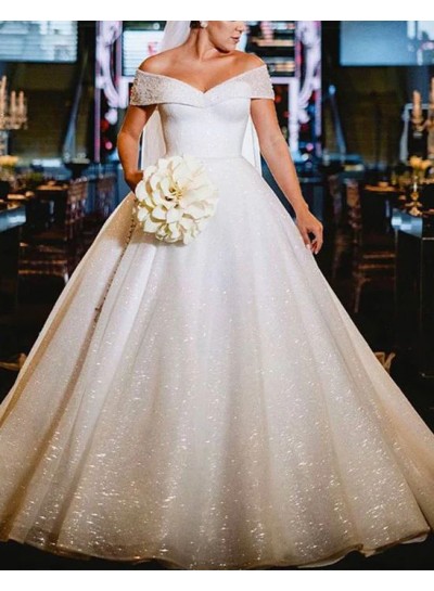 Ball Gown Sequins Off the Shoulder Sweep/Brush Train Sleeveless Ivory Wedding Dresses