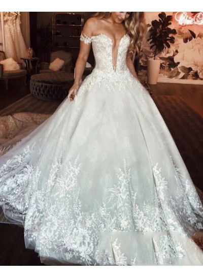 Off the Shoulder Lace Ball Gown Sleeveless Ivory Sweep/Brush Train Wedding Dresses